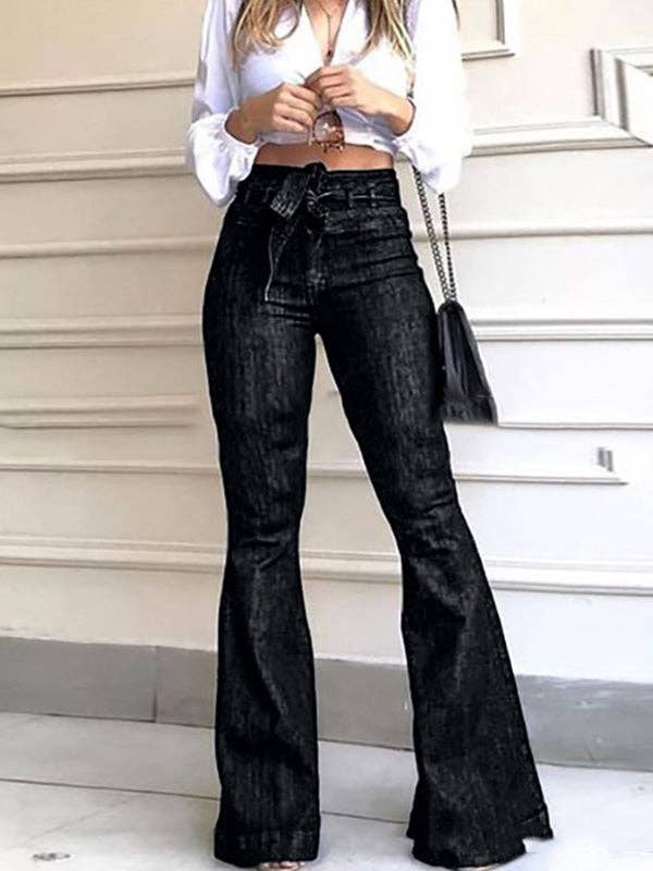 Flared Pants High Waisted Solid Color Tied Waist Jean Pants Bottoms: BLUE / XL