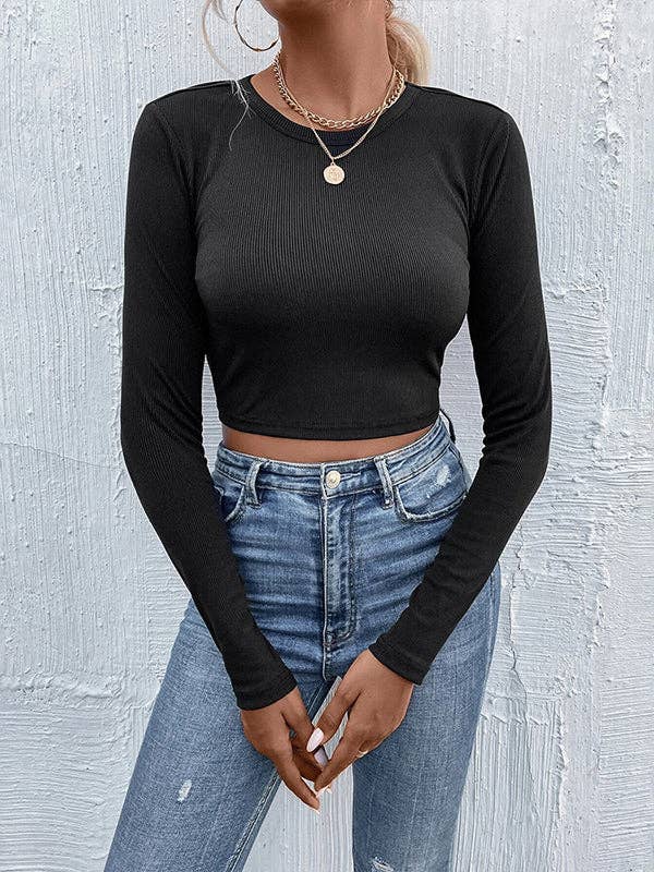 Bowknot Long Sleeves Skinny Round-Neck T-Shirts Tops: BLACK