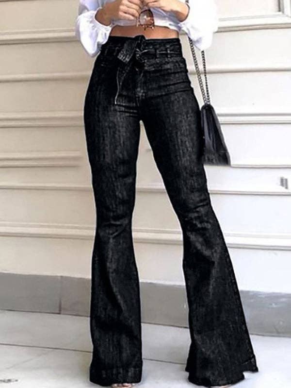 Flared Pants High Waisted Solid Color Tied Waist Jean Pants Bottoms: BLUE / XL