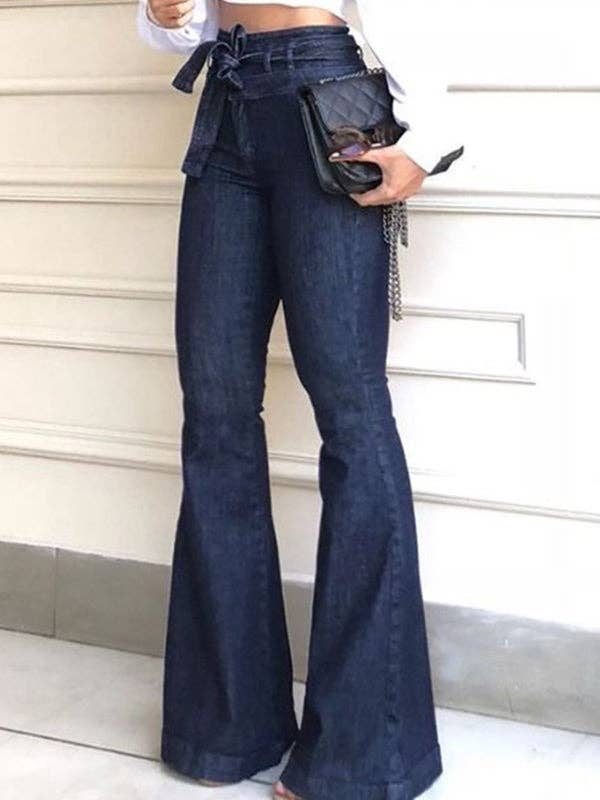 Flared Pants High Waisted Solid Color Tied Waist Jean Pants Bottoms: BLUE / XL