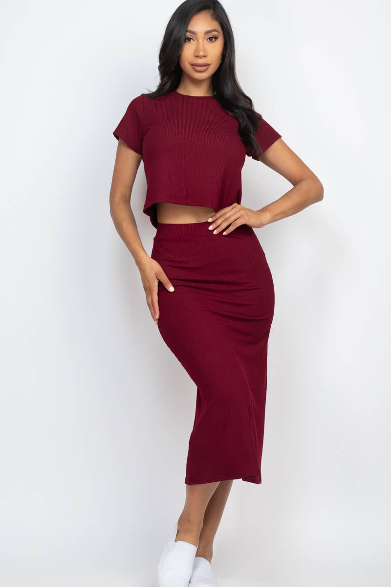 Ribbed Solid Top & Midi Skirt Set: Orchid / L