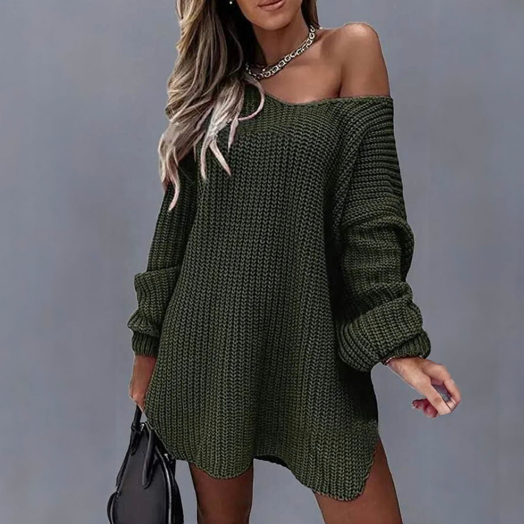 Long Sleeve Slit Round Neck Casual Sweater Dress