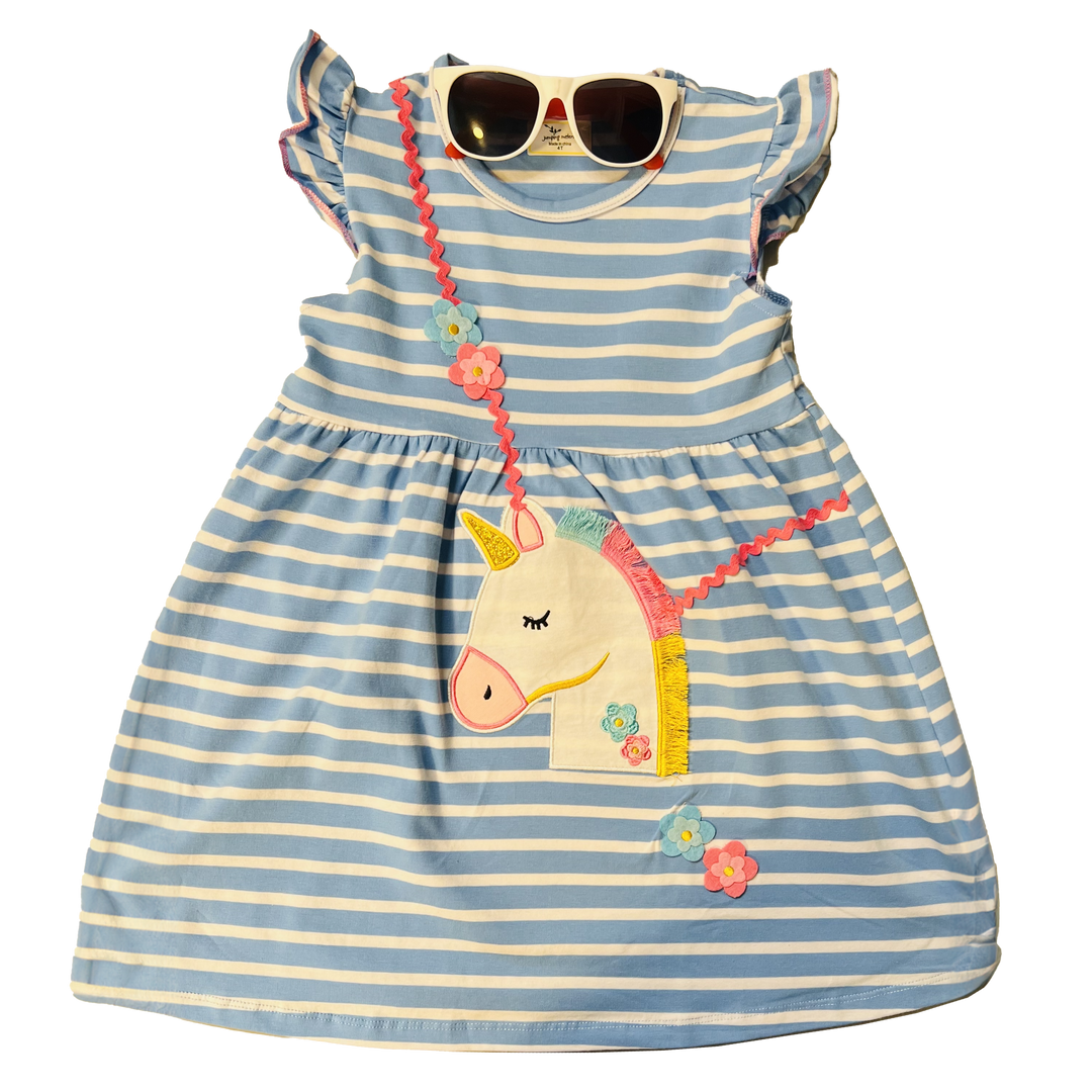 Girls Stripe Unicorn Embroidered Sleeveless Dress