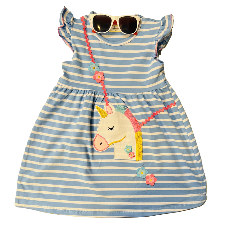 Girls Stripe Unicorn Embroidered Sleeveless Dress