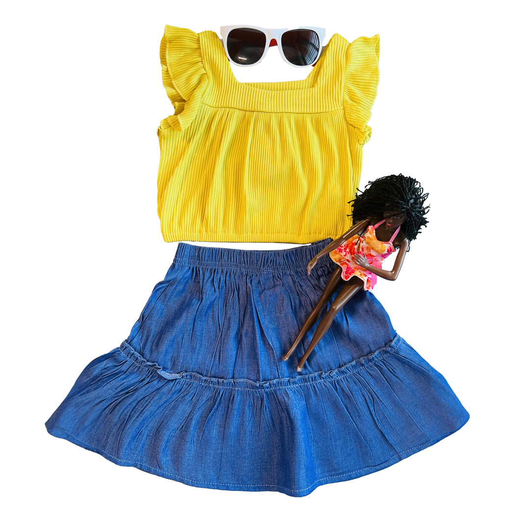Girl’s 2-Piece Denim Chambray Skirt Set w/ Ruffled Top